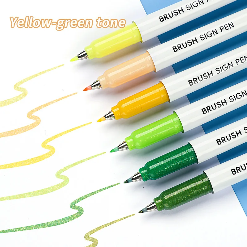 Glitzer-Metallic-Pinselstifte-Set, 6 verschiedene Farben, glänzende Marker-Stifte, Textmarker, perfekt für Journaling, Scrapbooking, Kalligraphie. – Detail 8