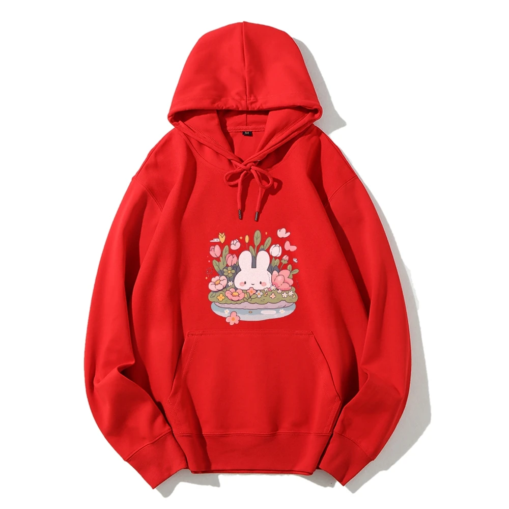 Graphic Hoodie Cute Bunny in Floral Basket Print Sweet Innocent Y2k Design Style Soft Fabric for Lovable Casual Looks