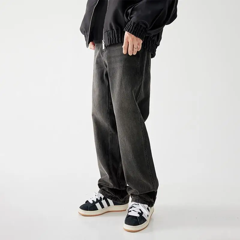 

Men's Vintage Black Denim Jeans Autumn Winter Gradient Splicing Drape Loose Straight Leg Trousers Casual Wear Resistant