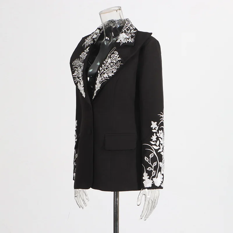 Black Notched Collar Blazer Jackets Single Breasted High-end Embroidery Suit Coats Elegant Luxury Stylish Short Outerwears Fancy