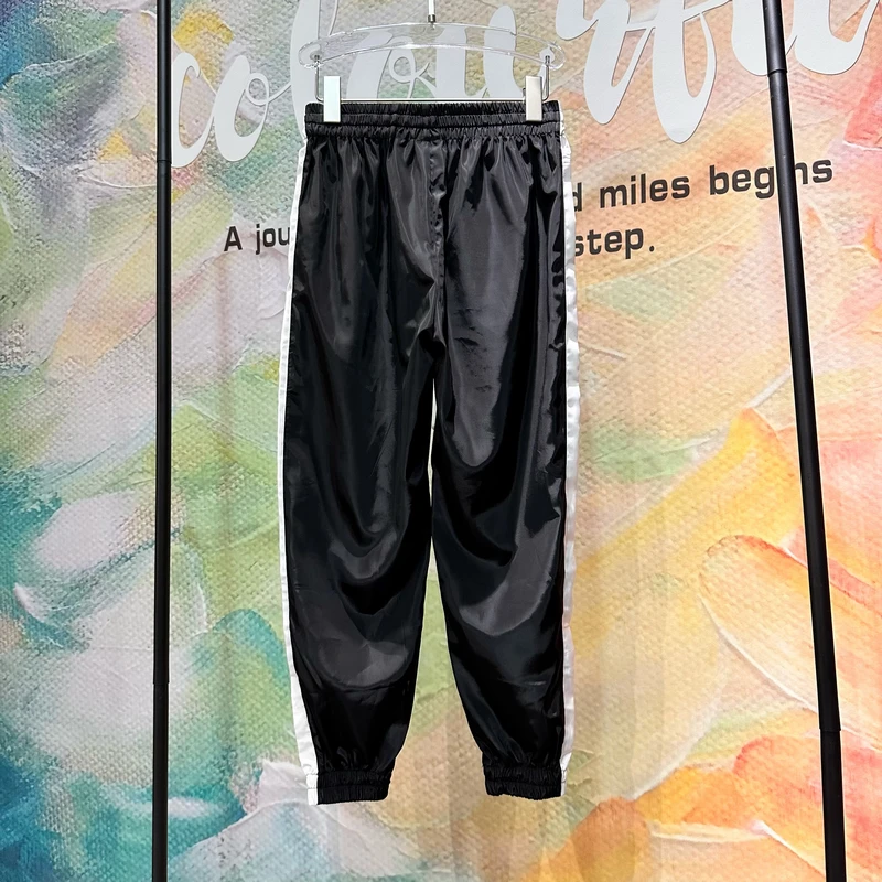 Luxury Trendy Brand Diamonds Beads Casual Super Thin Summer Trousers Men/woman Side Colorblock Elastic Waist Black Harem Pants