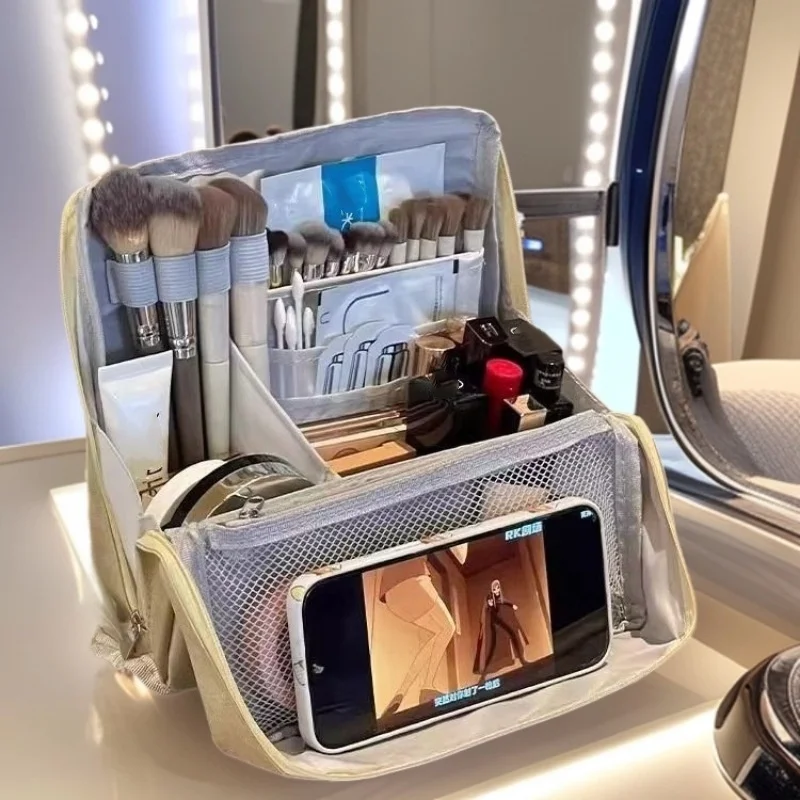 Make-up-Tasche mit großer Kapazität, einfache PU-Leder, große Pinseltasche, stehend, tragbar und multifunktionale Reise-Aufbewahrungstasche