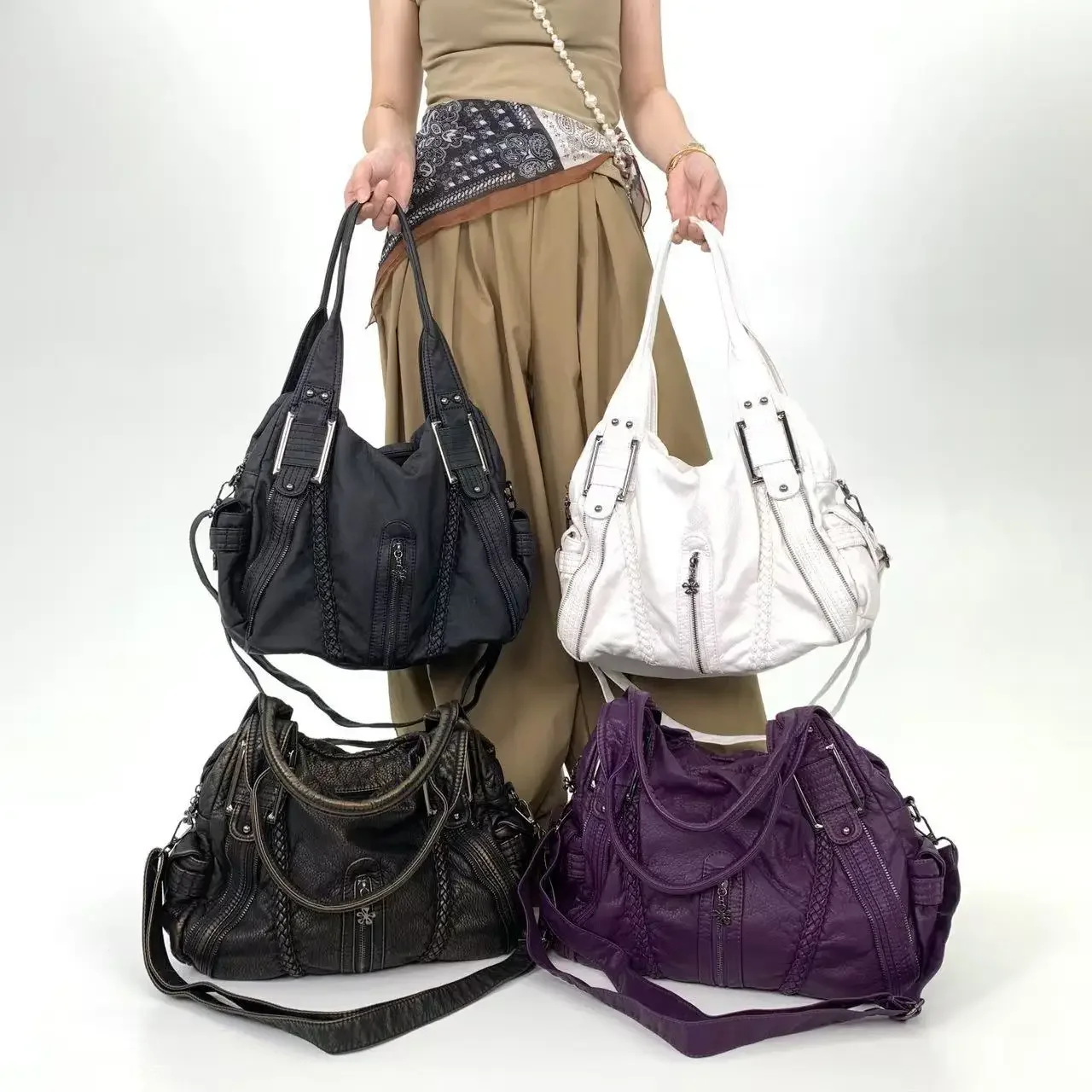 

Ladies' street Y2K personalized punk vintage tote bag with large capacity and multiple pockets, vintage crossbody handbag