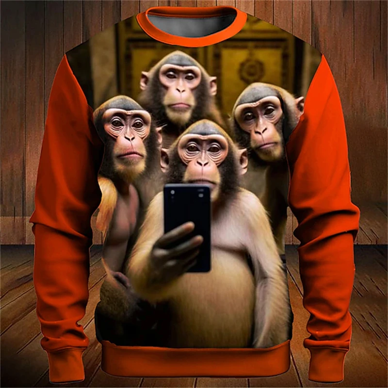 

Monkeys With Phone 3d Print Hoodies Women Fashon Animal Graphic Funny Sweatshirts Daily Casual Street O Neck Coats Men Clothing