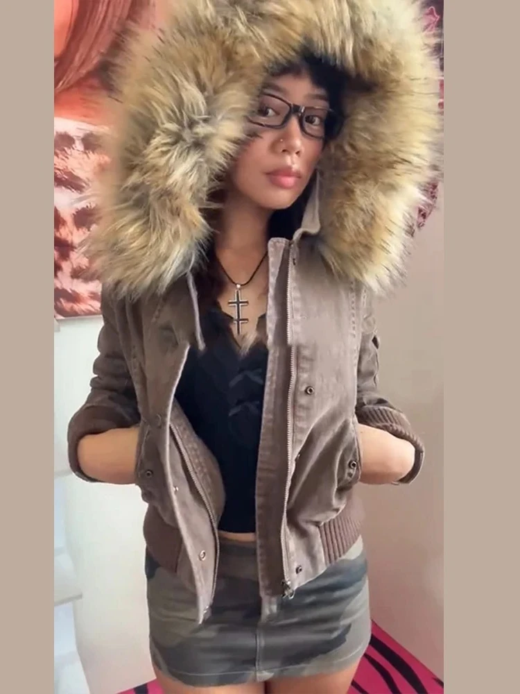 

Autumn Winter Retro Slim Fit Copped Jacket Coat With Fur Hooded Collar Women Button-down Warm Outerwear Streetwear Outfit Tops