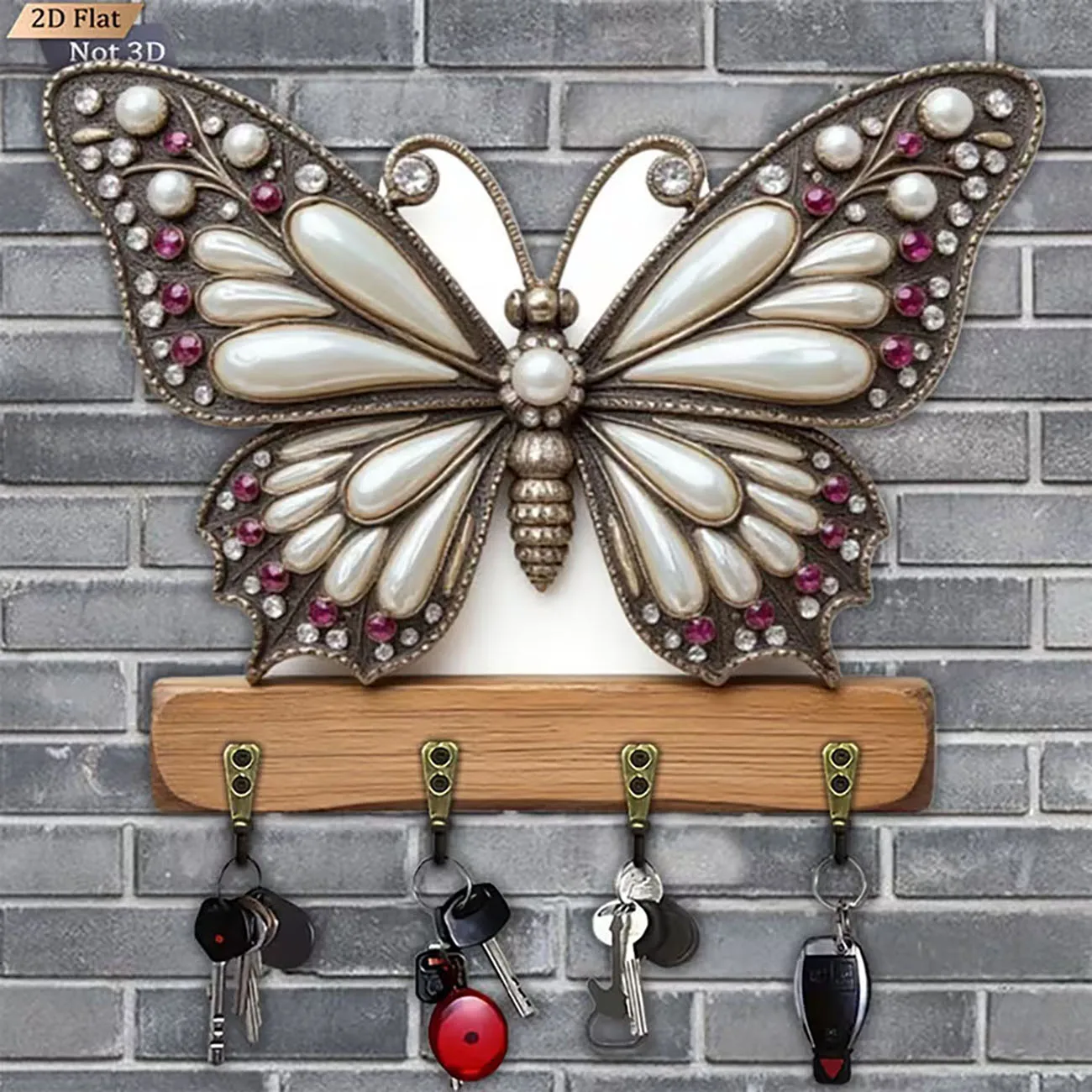 2D flat key hook with vintage jewel butterfly print, four metal hooks, elegant decorative wall rack for entryway.