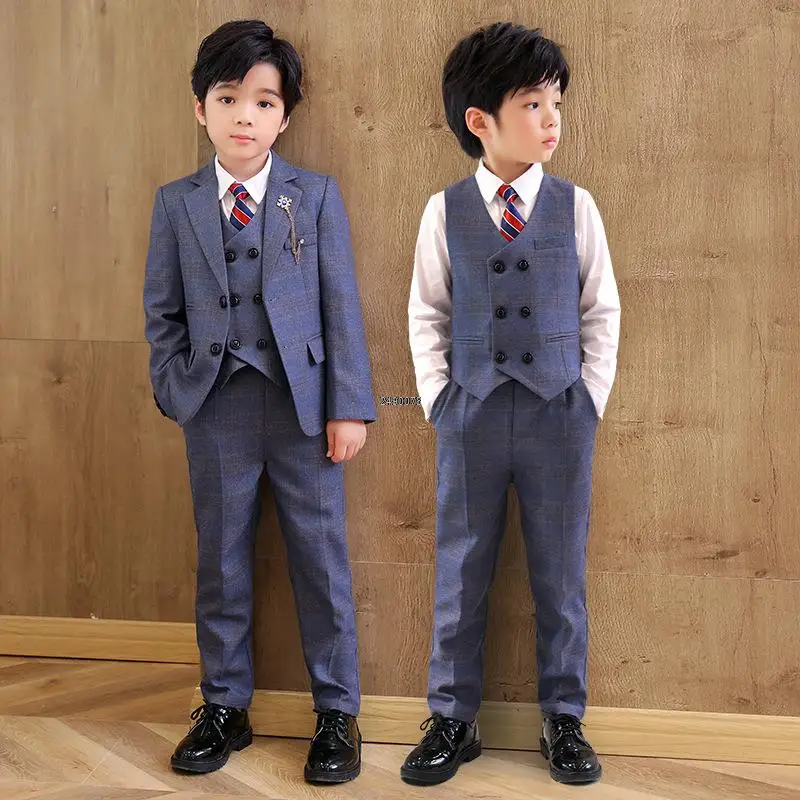 Children Formal Wedding Suit Kids Plaid Jacket Vest Pants Photograph Dress Boys Birthday Tuxedo Suit Children Graduation Costume