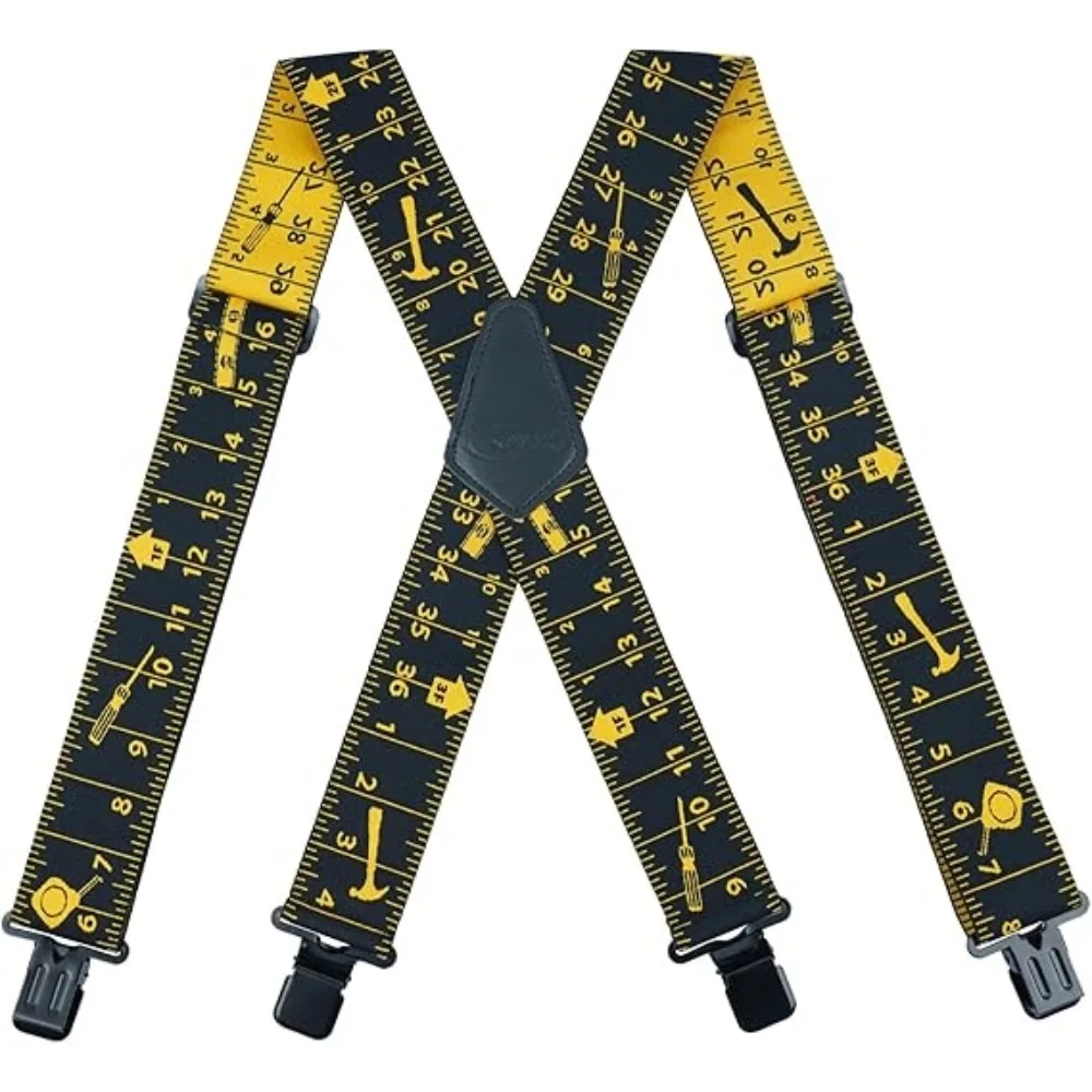 Durable Men's 2-Inch Wide X-Back Adjustable Elastic Work Suspenders with Heavy-Duty Clips and Black Tape Measure Design Braces