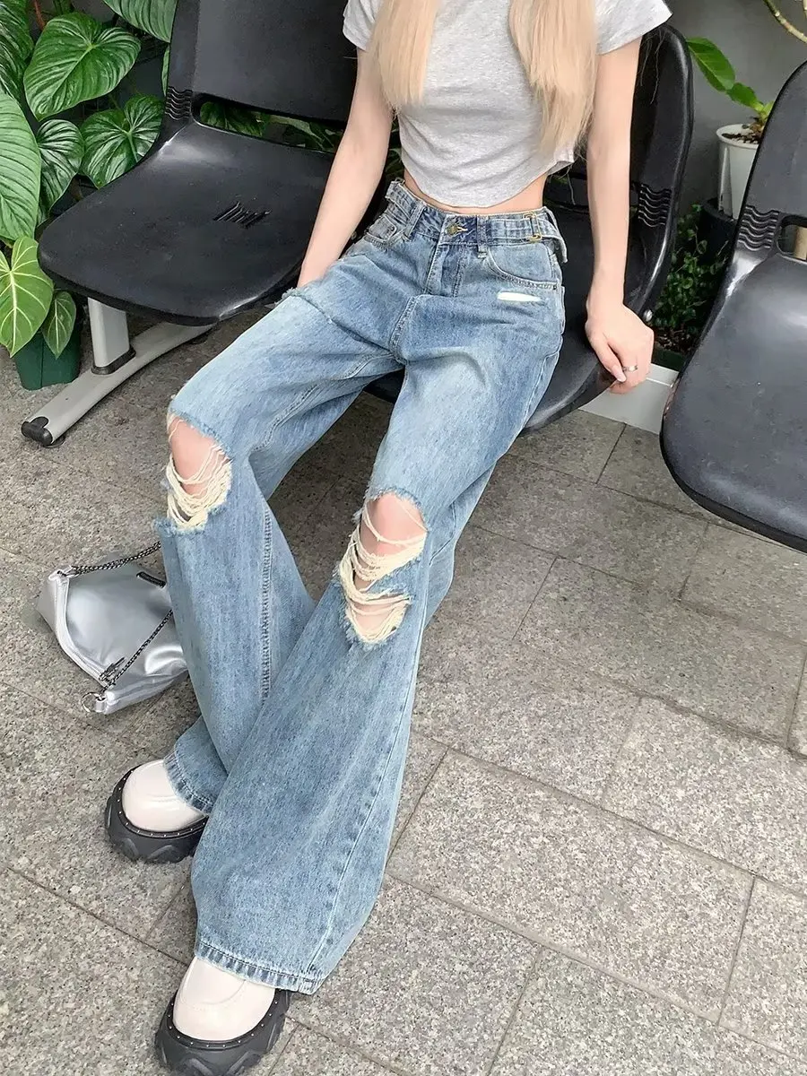 Y2K American Women Retro Straight Jeans with Holes Slim Waist Loose Wide-Leg Pants Fashion Stretch Design