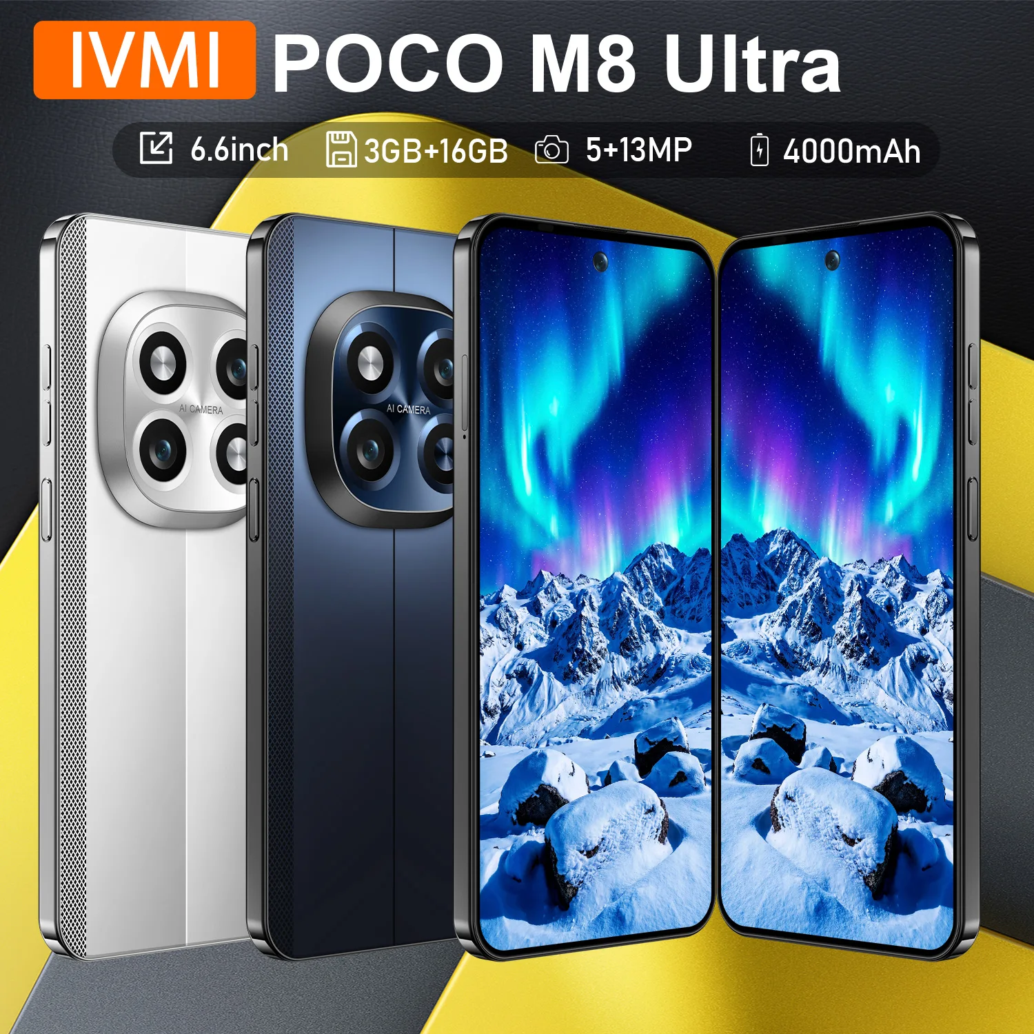 IVMI POCO M8 Ultra Smartphone 6.6Inch  3GB RAM 16GB ROM Face ID 4000mAH Battery Google Play Store Wifi Mobile Phones Android10