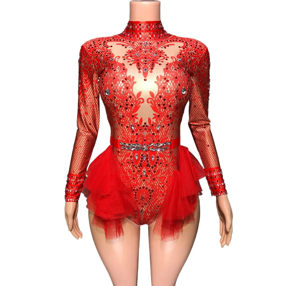 Sparkly Rhinestones Bodysuit for Women Sexy Mesh Ruffles Latin Dance Costume Nightclub Leotard Stage Wear Party Birthday Outfit