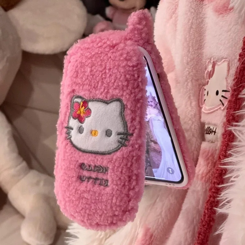 Cute Plush Hello Kitty Mirror What About Cashmere Wool Warmth Flip Phone Case For iPhone 12 13 14 15 16 Pro Max KT Lovely Furry