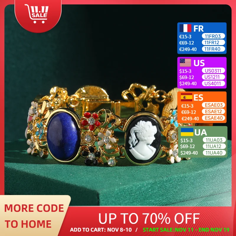 

Vintage Cameo Flower Bracelets Woman Natural Stone Colorful Beads Bright Gold Color Charm Summer Accessories Mothers Day Gift
