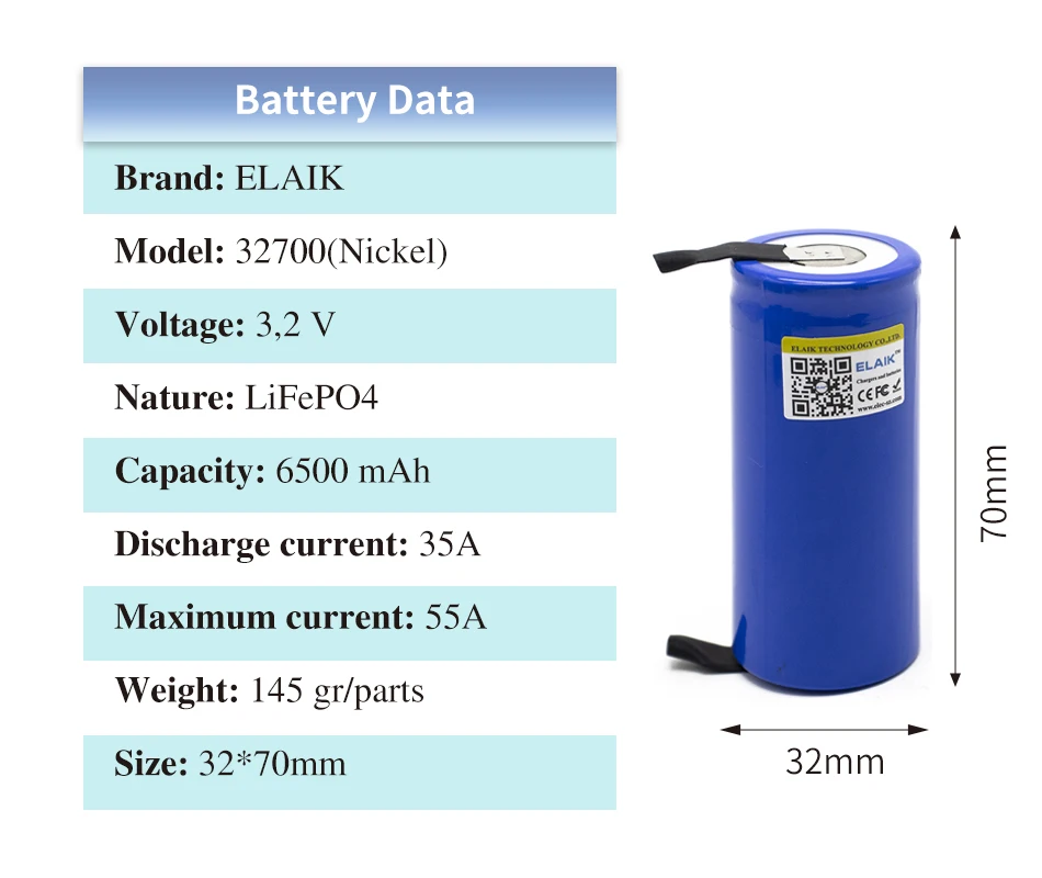 6pcs ELAIK 3.2V 32700 6500mAh LiFePO4 Battery 35A Continuous Discharge Maximum 55A High power battery+DIY Nickel sheets