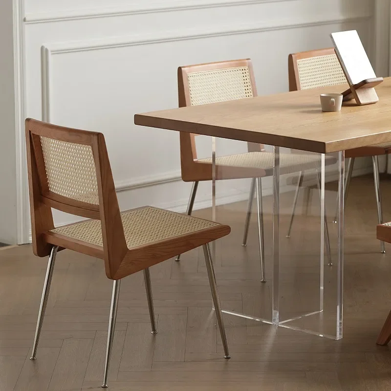 D الروطان الطعام كرسي بسيط خشب متين كرسي خلفي سجل الفولاذ المقاوم للصدأ كرسي النمط الياباني الدافئة المعيشة المنزل استخدام الأثاث #4