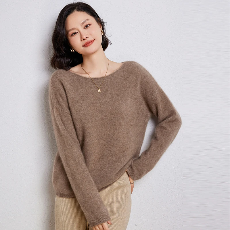 Spring Autumn New 100% Wool Sweater Women\'s One Character Collar Knitted Pullover Casual Loose Large Size Women\'s Clothing Tops