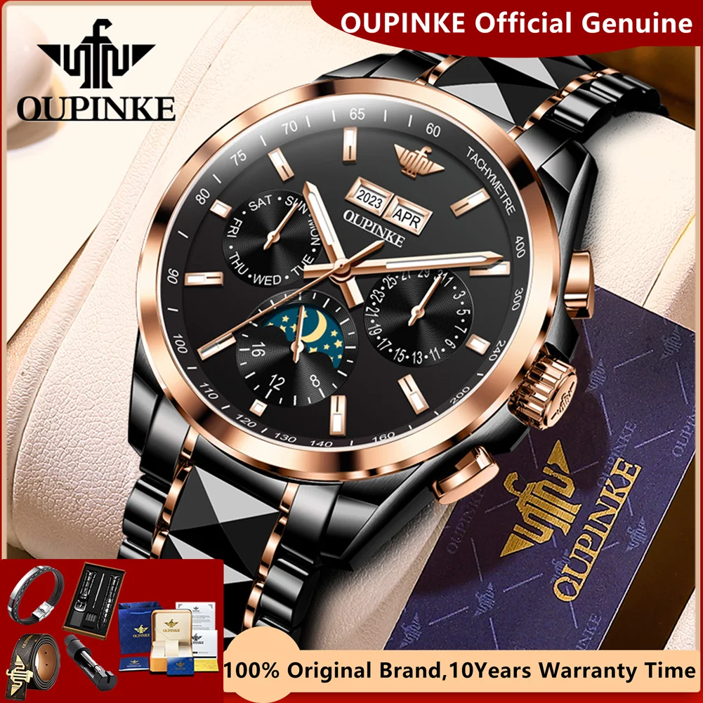 OUPINKE Luxury Man Watch Tungsten Steel Automatic Mechanical Watch for Men Waterproof Moon Phase Calendar Brand Men's Watches