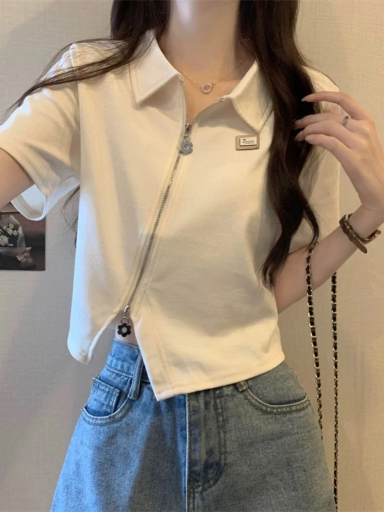 Blusa de Manga Corta con Cuello Polo y Cierre Diagonal Irregular Estilo Mambo Verde Menta, Top Dulce y Picante para Mujer