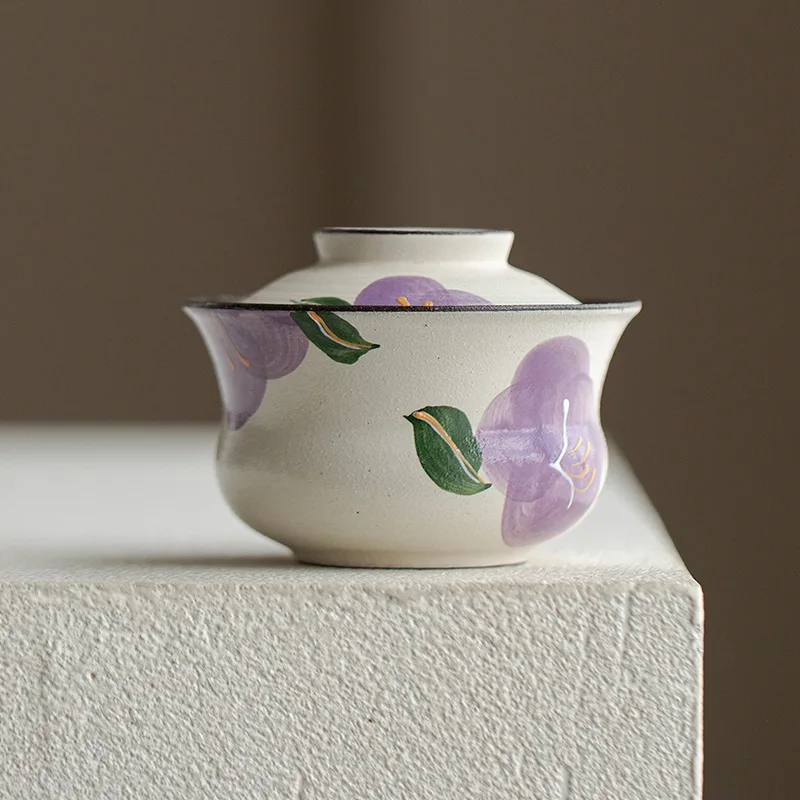 Hand-Painted Camellia Japanese Style Kung Fu Set Household Coarse Pottery Glaze Tea Bowl Gaiwan