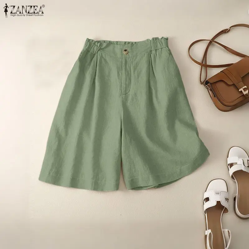 

ZANZEA 2026 Летние женские шорты из хлопка и льна с эластичным поясом на молнии, однотонные, повседневные, дышащие, легкие
