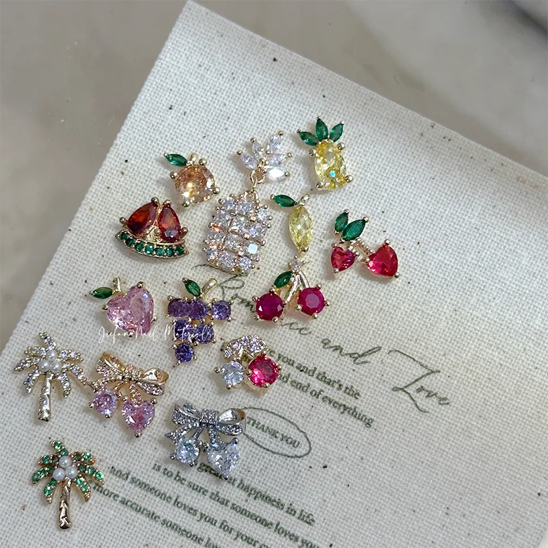 10 pièces nouvel été fruits cerise ananas cocotier japonais or cuivre zirconium luxe haute qualité nail art bijoux