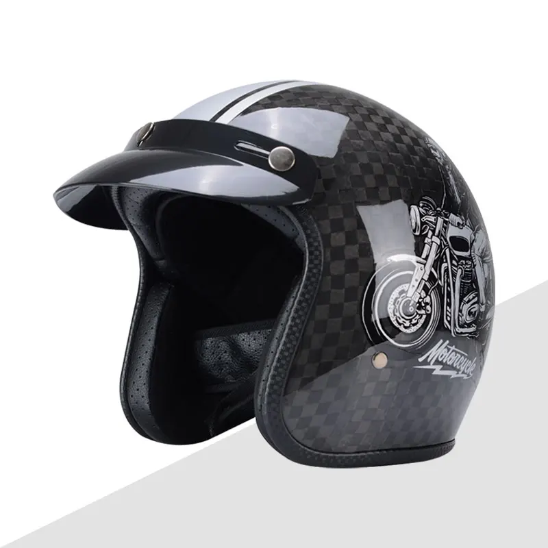 Women and Mens' Classical Carbon Fiber Motorcycle 3/4 Helmet Adults Moto Electric Scooter Open Face Helmet With Free Brim