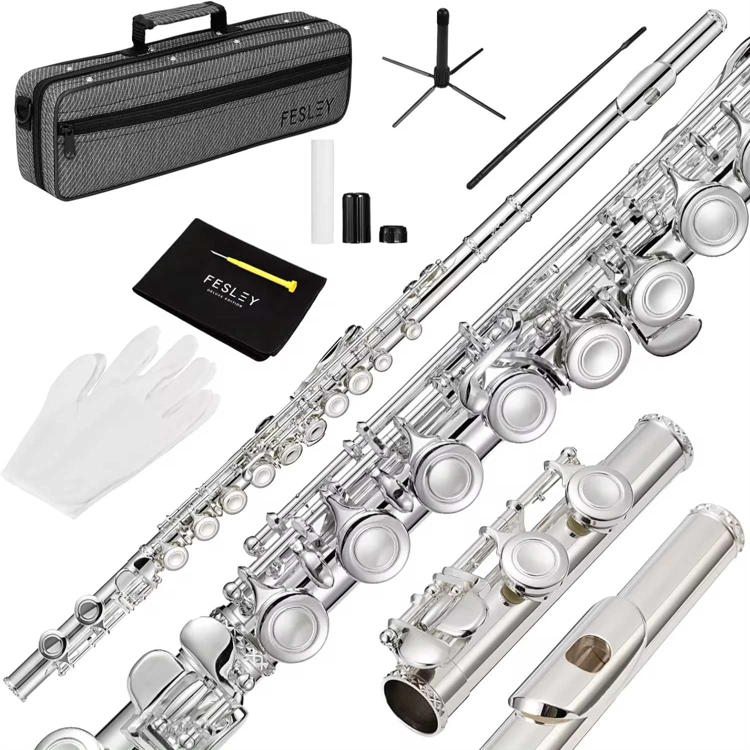 

New Fesley Closed Hole C Flute, Musical Instruments Flute Beginner and Band, 16 Keys Flutes with Flute Case