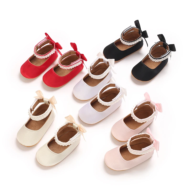 

0-18M Infant Pre-Walker Shoes, Satin Mary Jane with Lace Trim & Bow, Soft Sole Ankle Strap for Baby Girls ﻿