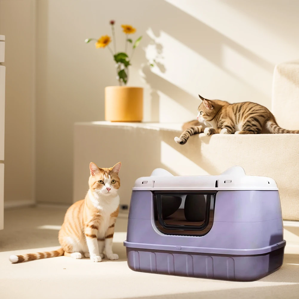 صندوق نفايات القطط الكبير، مرحاض القطط المغلقة مع مقبض، صينية فضلات كيتي مع غطاء لسلالات القطط الأكبر أو أسرّة القطط المتعددة