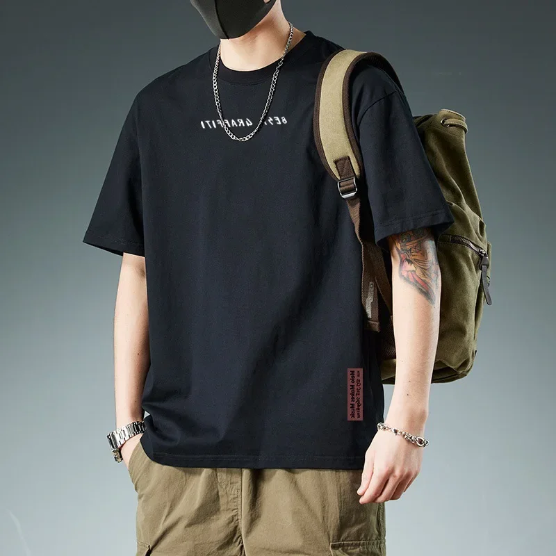 

Cotton Heavy Duty Men's Half Sleeve O-neck T-shirts Casual Trendy Printed Loose HongKong Style Undershirts Male Clothes Tops