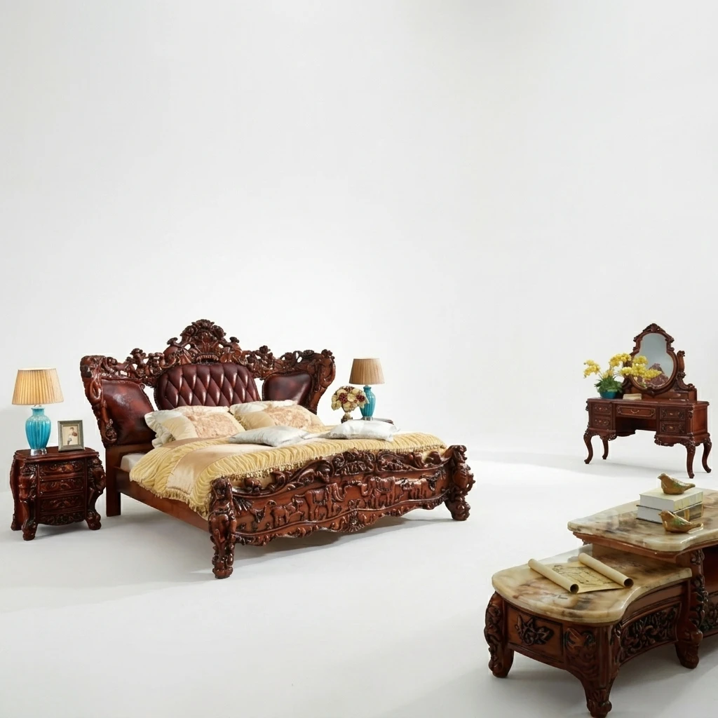 #Elegant European Antique Floral Carved Solid Wood Bedroom Furniture Collection Curved Black Leather Upholstery King Queen Hotel