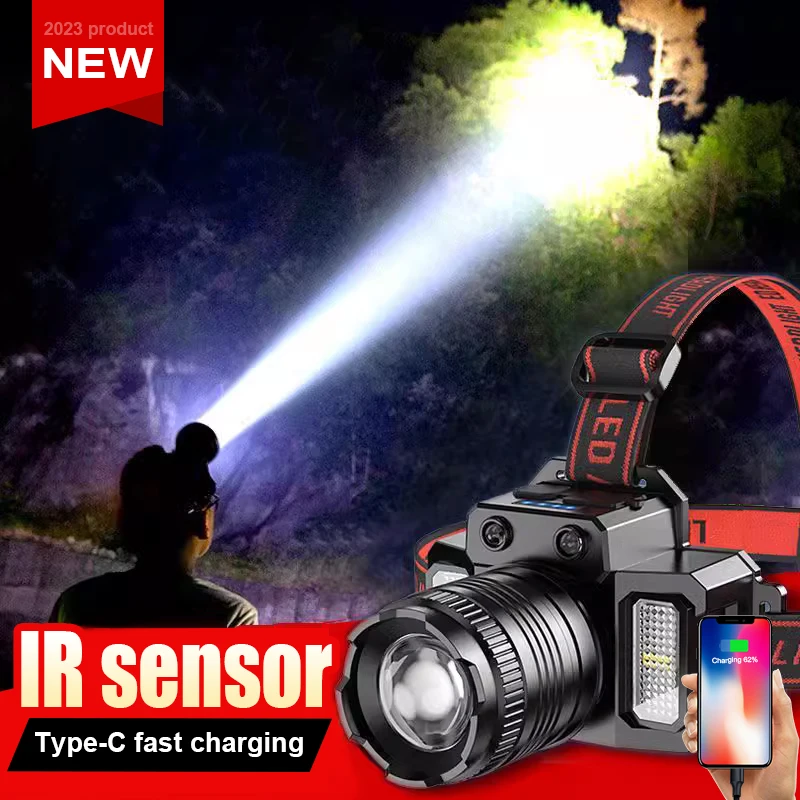 

Супер яркий светодиодный налобный фонарь с ИК-датчиком, 6 режимов, фара с быстрой зарядкой типа C, перезаряжаемый налобный фонарик, уличный фонарь для рыбалки