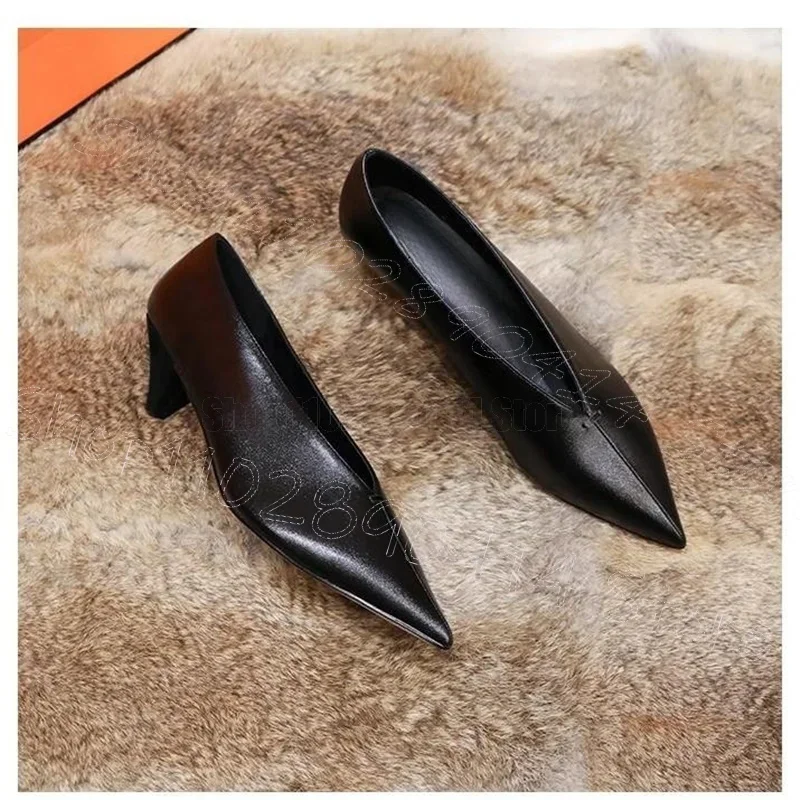 

Newest Pointed Toe Shoes for Women V-neck Spike Heels Grandma High Heels Black Leather Witch Pumps