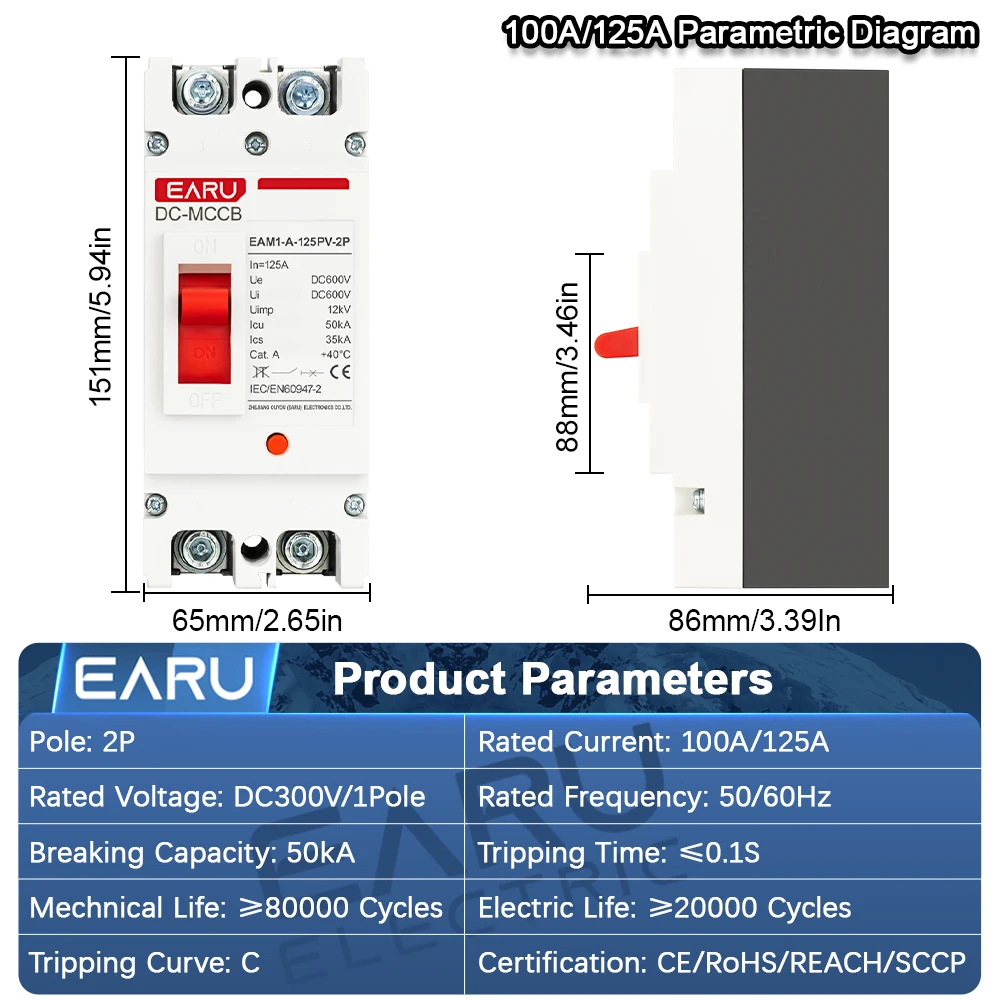 EARU 2P 250A DC MCCB Solar-PV-Photovoltaik-Batterie-Schutzschalter, Leistungsschalter, Überlast- und Kurzschlussschutz – Detail 2