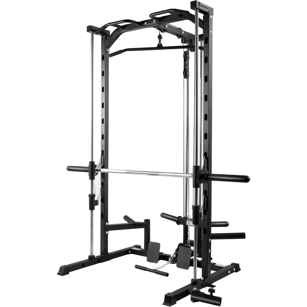 

Smith Machine Power Rack with LAT-Pull Down System, Landmine, Barbell Bar, Plate Storage Pegs and More Training Attachment