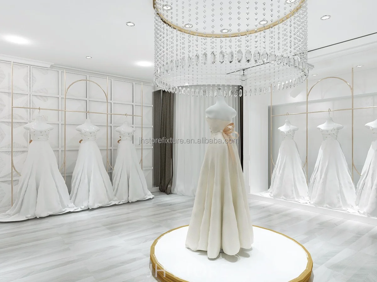 Desain Interior Perlengkapan Toko Ritel, Display Butik Gaun Pengantin, Rak Pakaian Emas, Rak Pakaian untuk Menggantung Pakaian