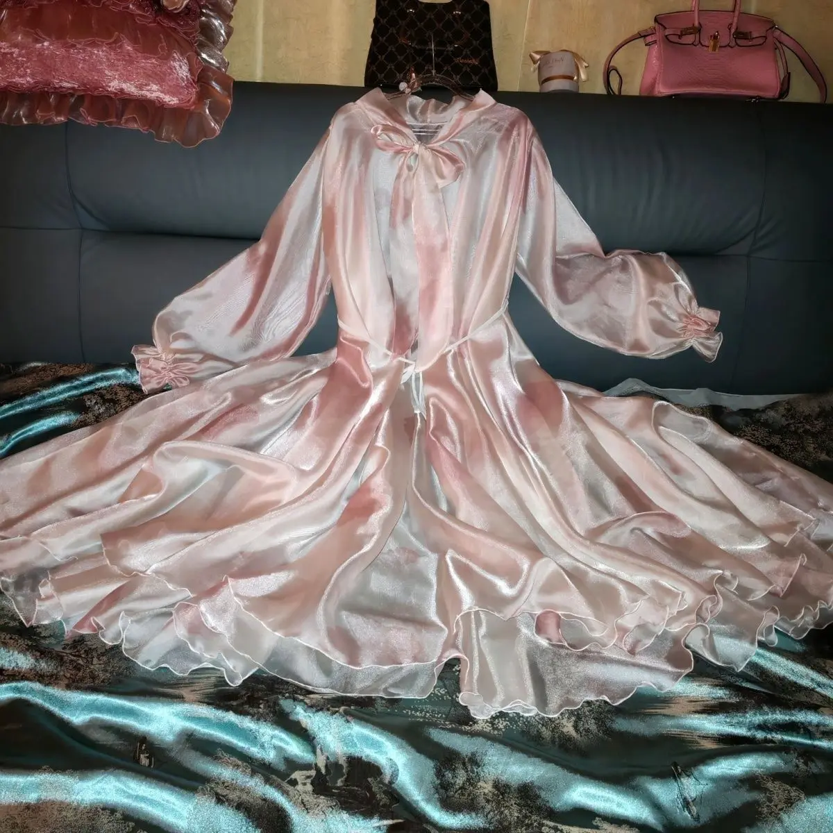 

Glossy Ice Silk Satin Long Dress Loose Pajamas Maxi Dress Pullover Elegant Dresses Sleeping Wear