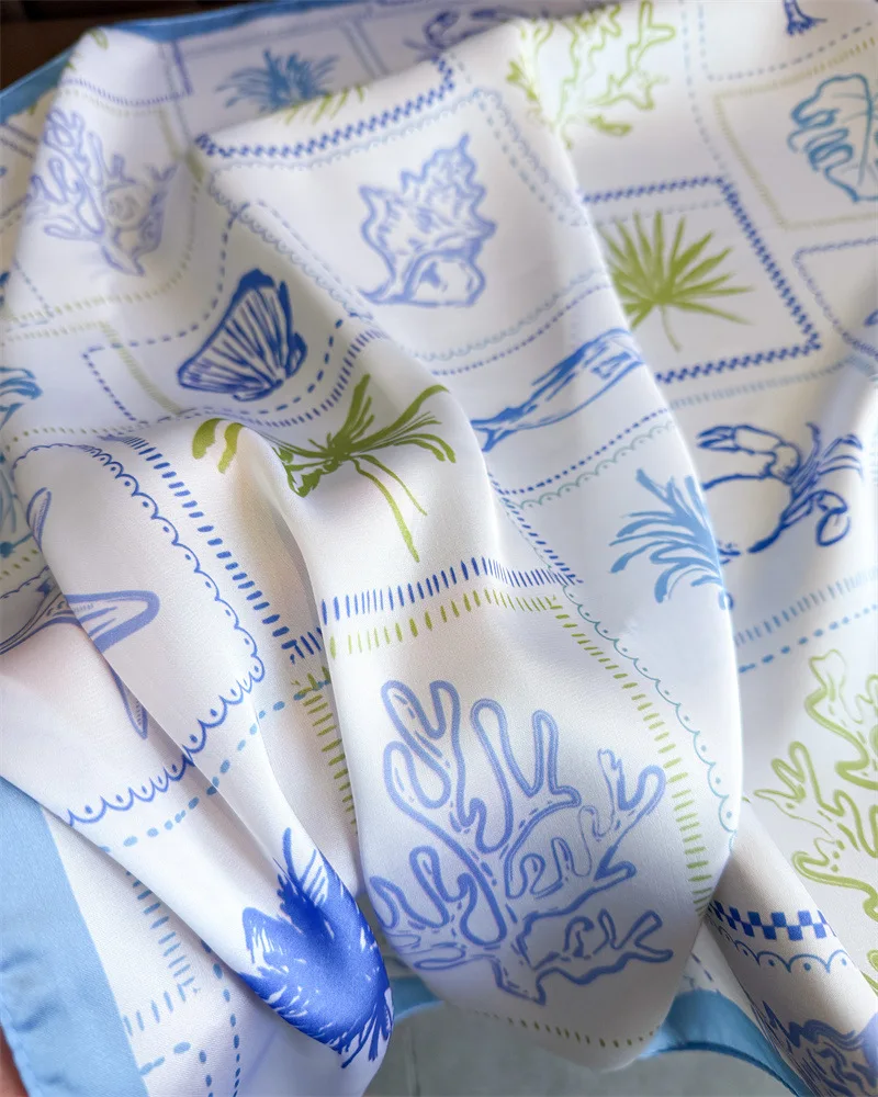 Blauer Seidenschal für Damen, luxuriöser, weicher Satin-Schal, Hijab, Halstuch, Haarband, Kopftuch, modisches Wickeltuch, Bandana – Detail 10