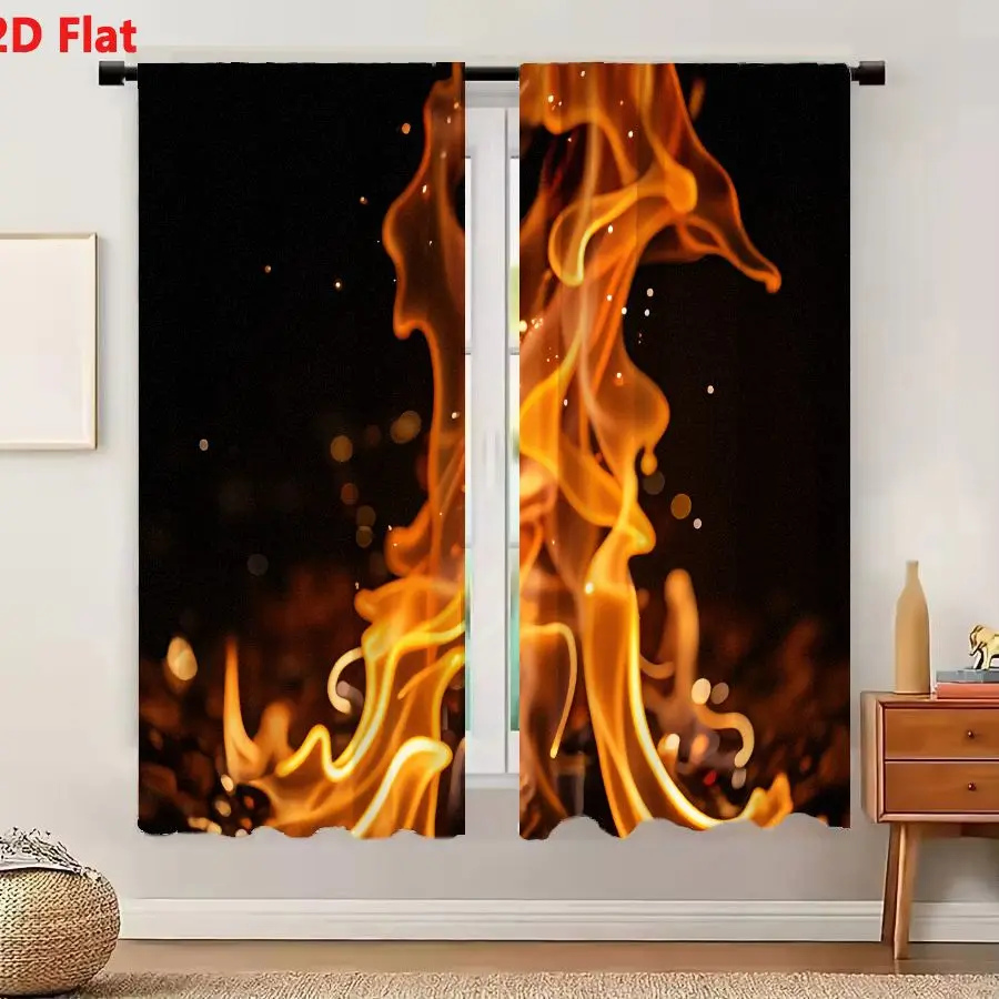 2Pcs Curtains 2D Flat Vibrant Flames Rising Against Dark Background With Orange Yellow And White Highlights Window Drapes for Be