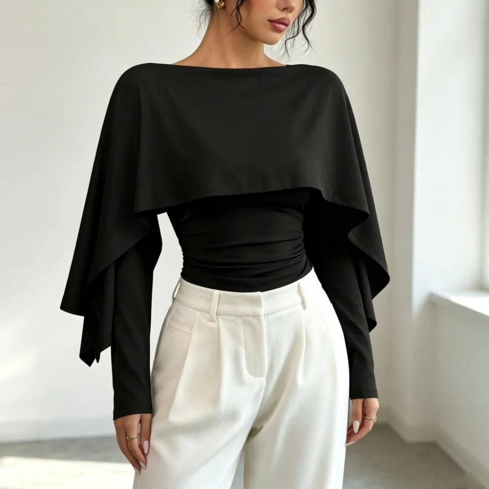 Womens Off-Shoulder Patchwork Pleated Fitted Long Sleeve for top Suitable for Summer Vacation Beach and Cycling Trips