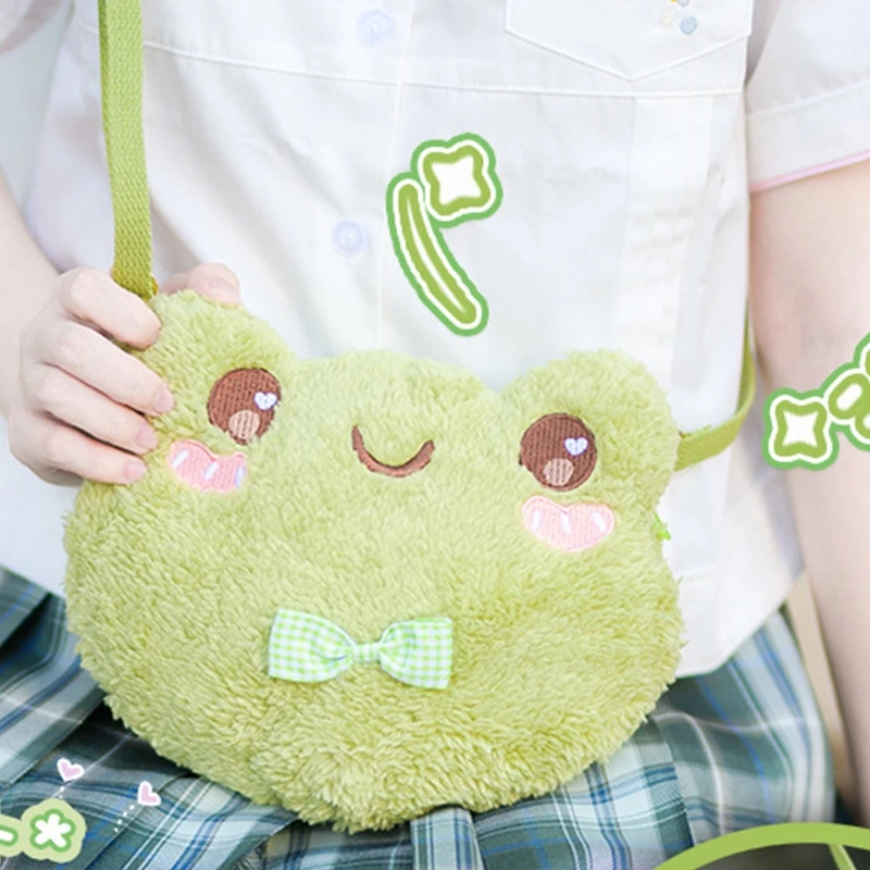 Cute Green Frog Shoulder Bag Plush Doll Crossbody Bag Casual Women Messenger Bag Decoration Bag Phone Coin Purse