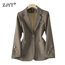 ZJYT Elegant Autumn Woolen Blazers for Women 2024 Korean Style Turn Down Collar Winter Coats Jackets Female Plus Size Outerwears