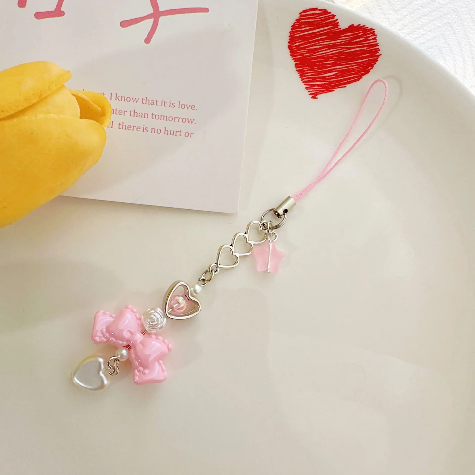Pink Princess Bow Heart Keychain, Phone Charm