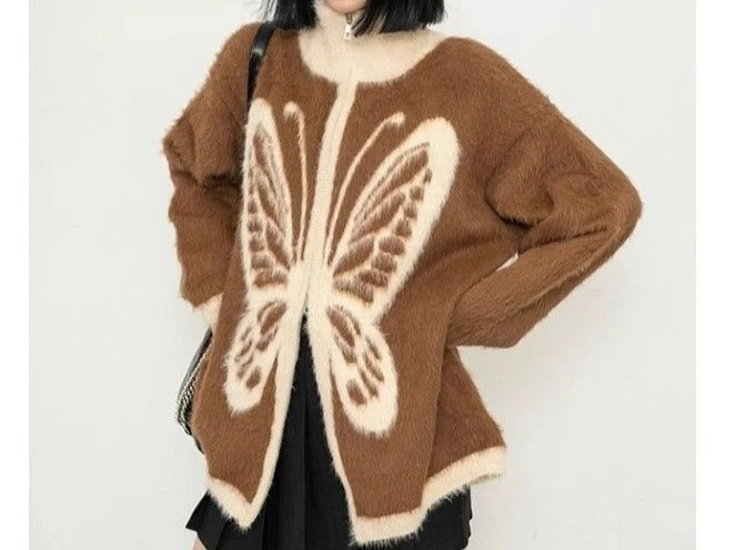 

Retro Butterfly Embroidery Stand Up Collar Plush Contrasting Color Knitted Cardigan Lazy Style Loose Sweater for Women