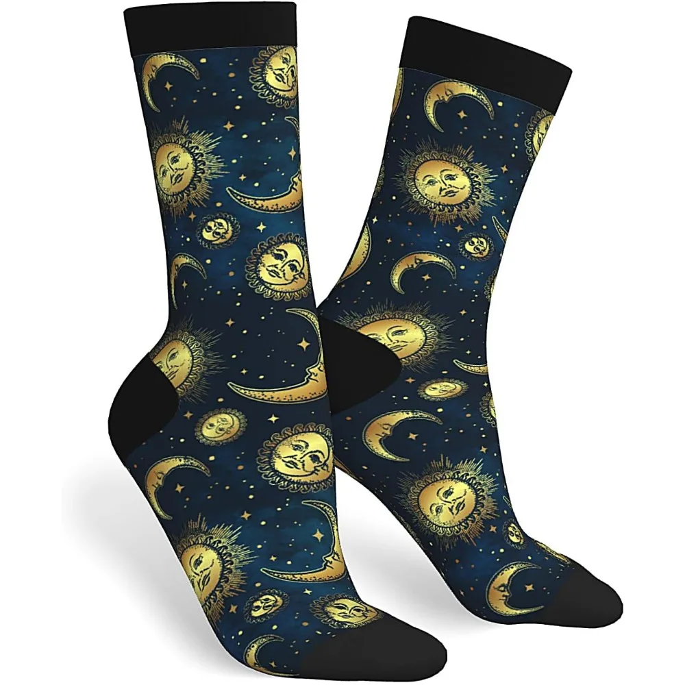 

Mystical Sun and Moon Pattern Socks, Dark Blue Crew Socks with Golden Celestial Designs, Perfect for Astronomy Enthusiasts