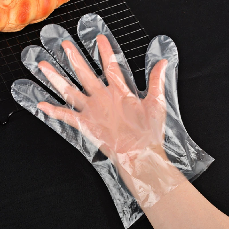 100pcs Disposable Food Grade Plastic PE Film Gloves Hairdressing Salon Kitchen Dining Transparent Anti-slip Gloves