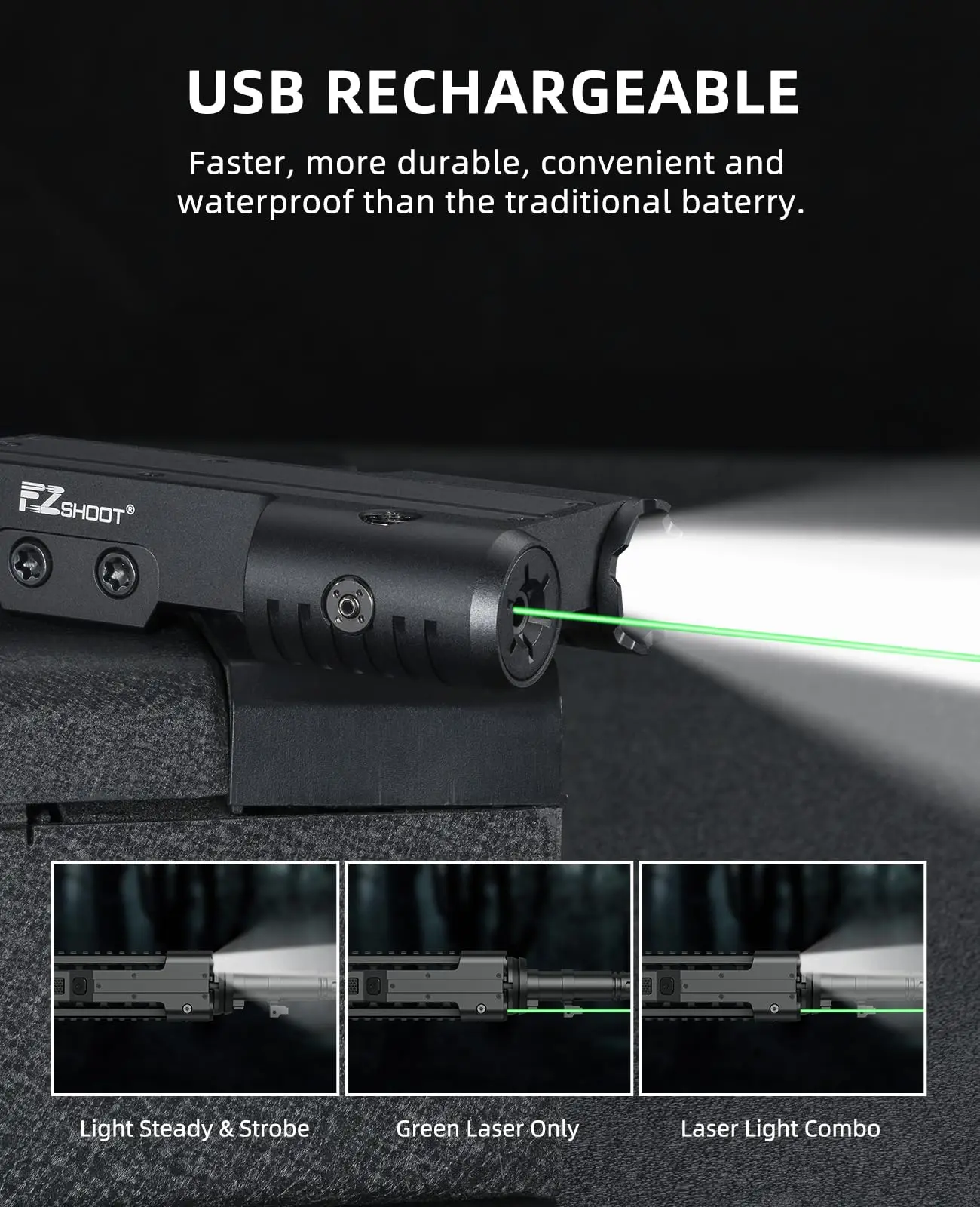 Tactical Flashlight 1600 Lumen Rifle Light Green Laser Combo with USB Rechargeable Picatinny Rail Strobe Mode