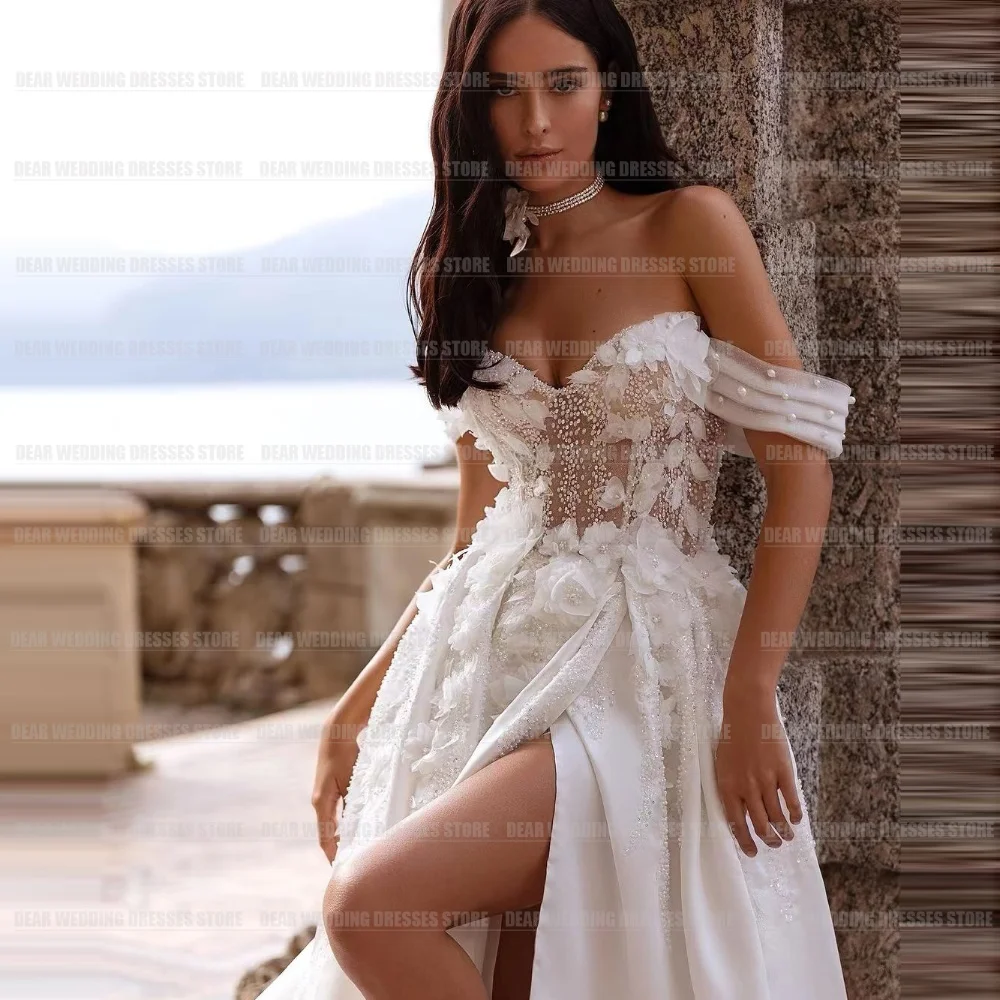 Luxury Off Shoulder A Line Wedding Dresses For Woman Elegant Sexy Beads Applique Backless Lace Tulle Formal Bride Gowns Princess