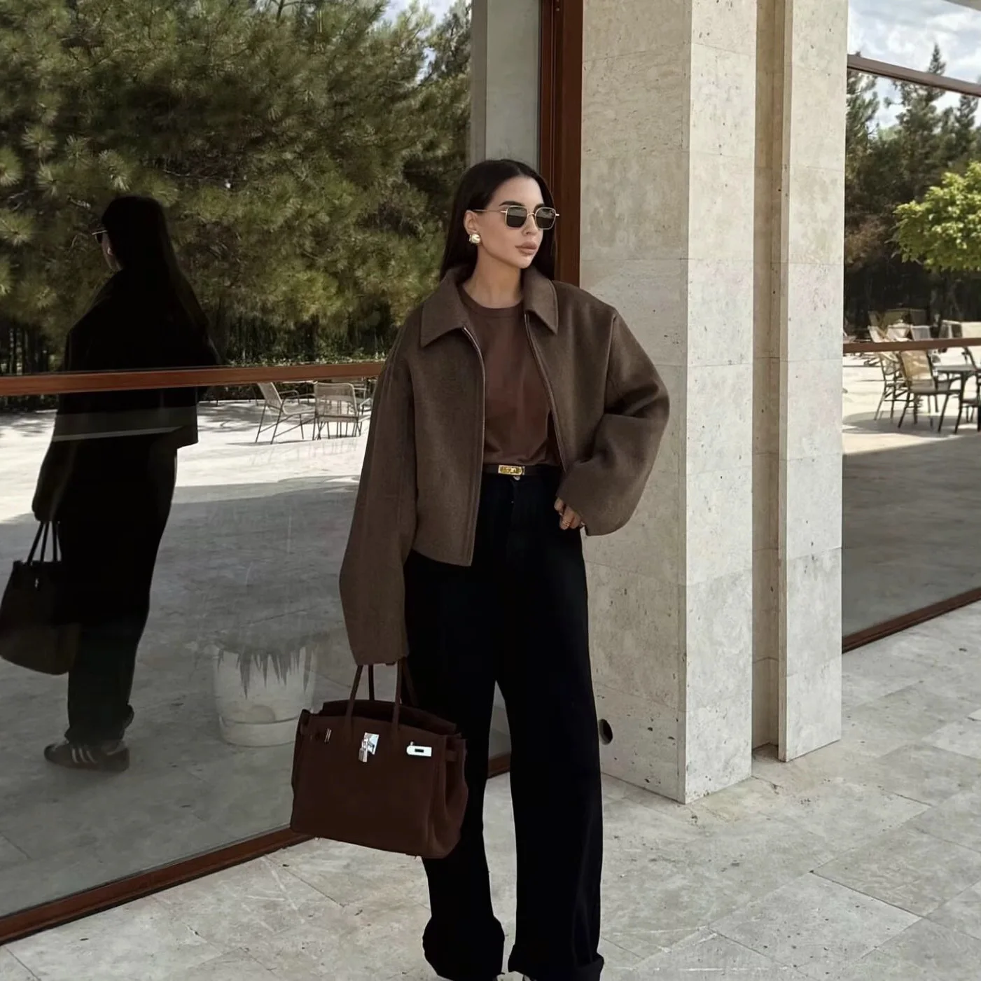 Women's Fall Wool Coat Solid Color Notch Lapel Zipper Loose Fit Long Evening Dresses