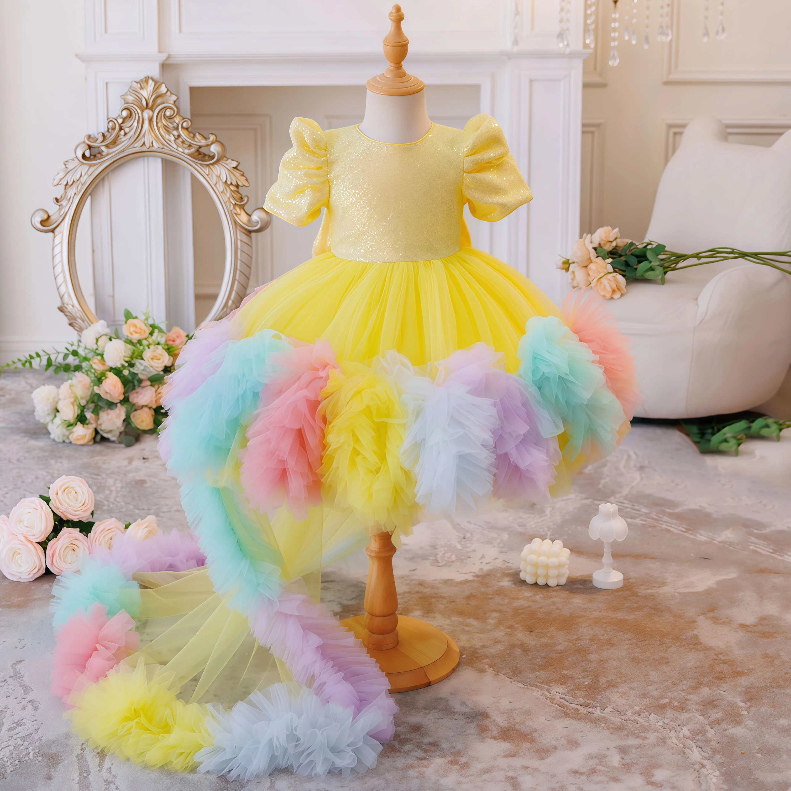

Модное детское платье-туту с пышными рукавами, радужными оборками и рюшами для девочек, для дня рождения, вечерних мероприятий и выступлений.
